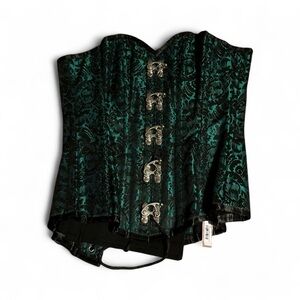Elegant Green Brocade Full Corset with Metal Hook Clasps NWT